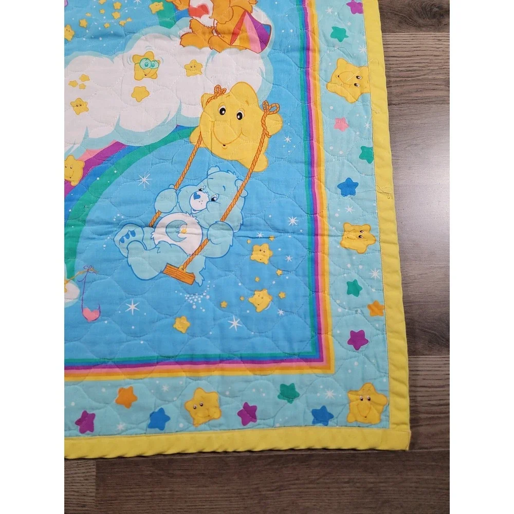 Vintage Care Bears Baby Blanket Crib Quilt Rainbow Trail Yellow Trim 41x33 Throw